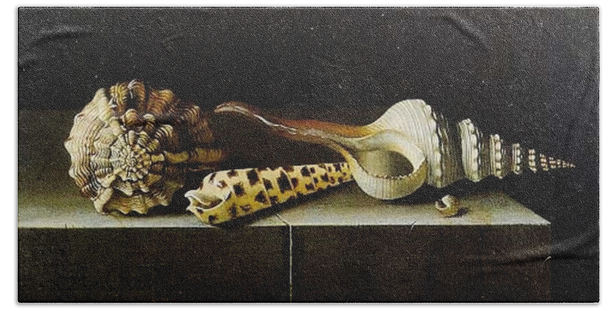  Bath Towel featuring the painting Adriaen Coorte - Still life with four shells by Les Classics