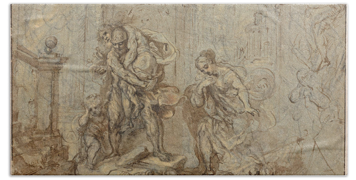 Federico Barocci Bath Towel featuring the drawing Aeneas Saving Anchises at the Fall of Troy by Federico Barocci