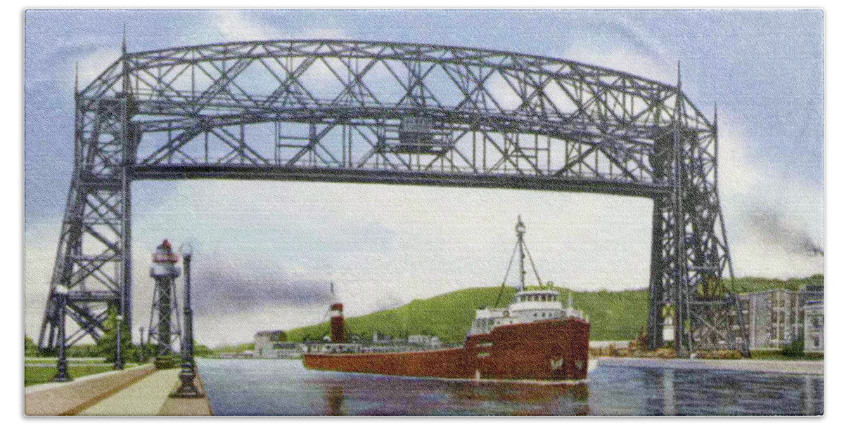 Duluth Bath Towel featuring the photograph Aerial Lift Bridge with Freighter by Zenith City Press