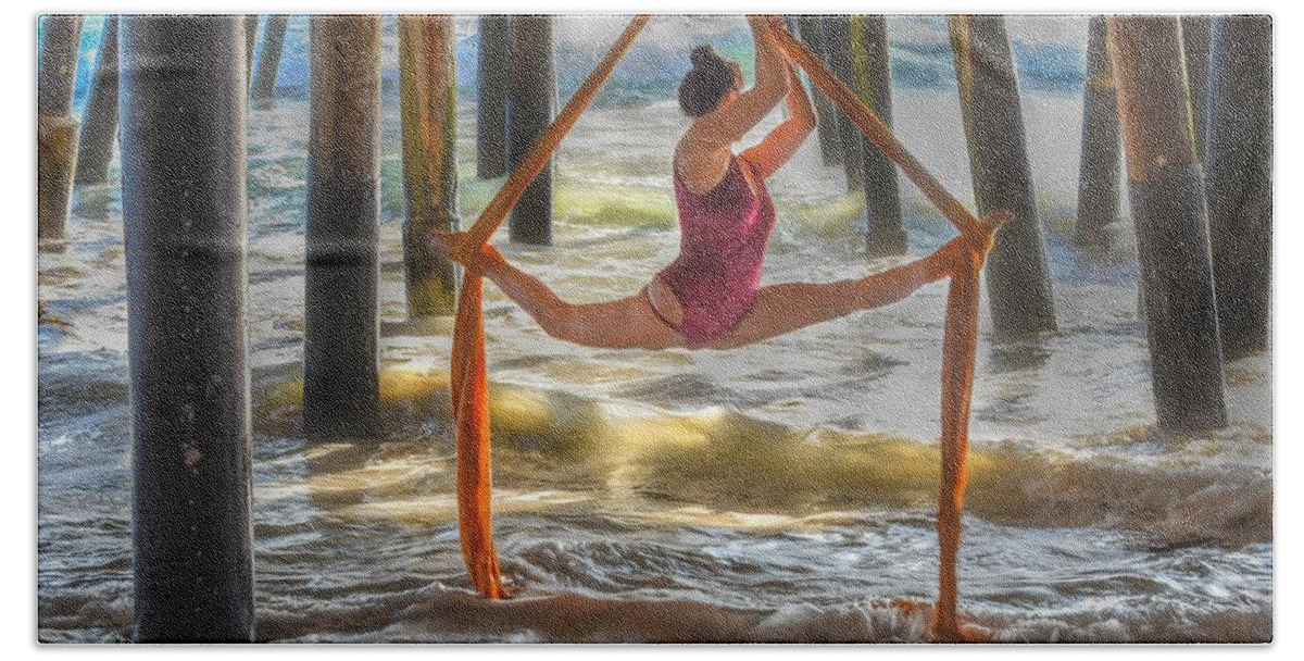Aerial Silk Dancer Bath Towel featuring the photograph Aerial Silk Dancer Under the Pier by Rebecca Herranen