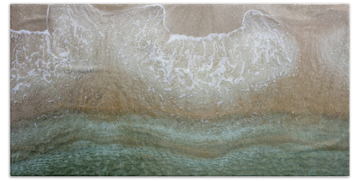 Golden Sand Bath Towel featuring the photograph Aerial view drone of empty tropical sandy beach with golden sand. Seascape background by Michalakis Ppalis