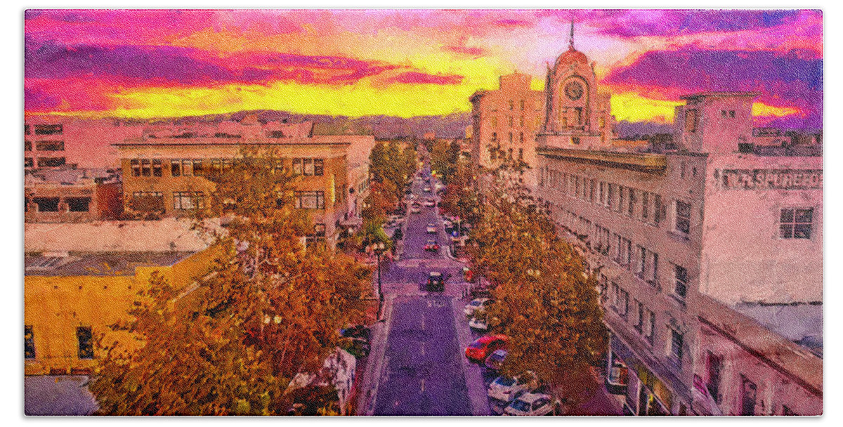 W 4th Street Bath Towel featuring the digital art Aerial view of W 4th Street in downtown Santa Ana - digital painting by Nicko Prints