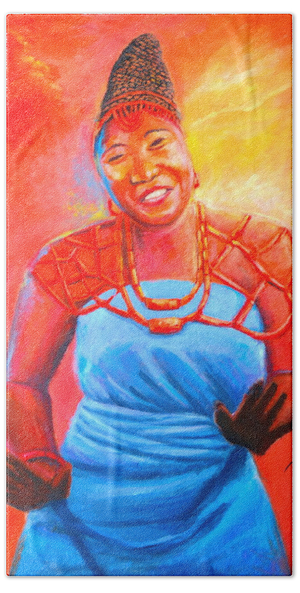 Orange Hand Towel featuring the painting Africa Dance Maiden by Olaoluwa Smith