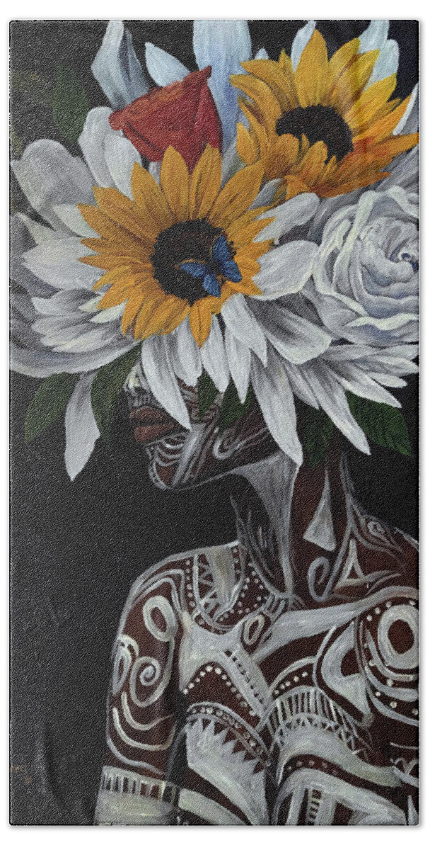Rmo Bath Towel featuring the painting African Blossom by Ronnie Moyo