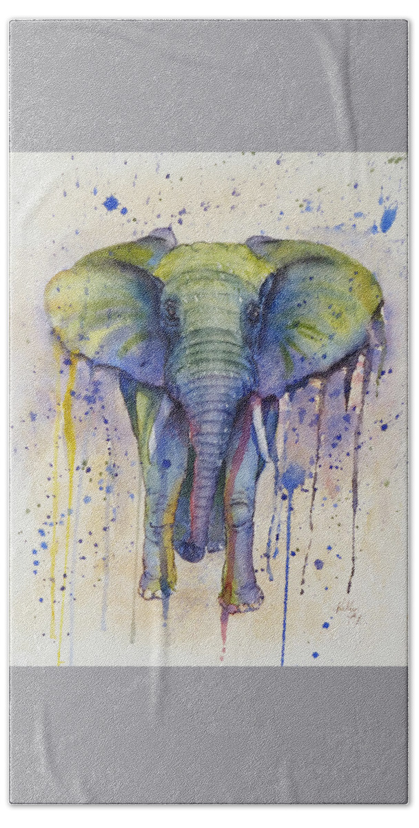 African Elephant Hand Towel featuring the painting African Elephant Abstract Style by Kelly Mills