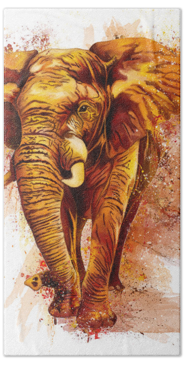 African Elephant Hand Towel featuring the painting African elephant splatter painting, orange and yellow elephant by Nadia CHEVREL