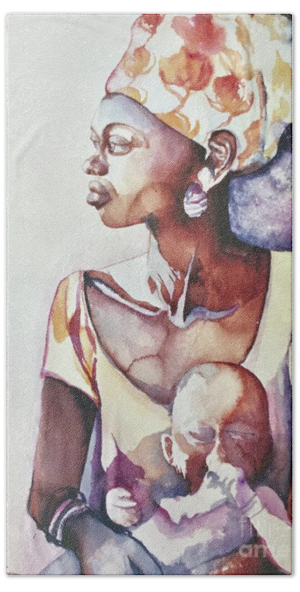 #africian #africianwoman #mother #child #africa #woman #serrialeone #watercolor #watercolorpainting #glenneff #thesoundpoetsmusic #picturerockstudio Www.glenneff.com Bath Towel featuring the painting African Woman by Glen Neff