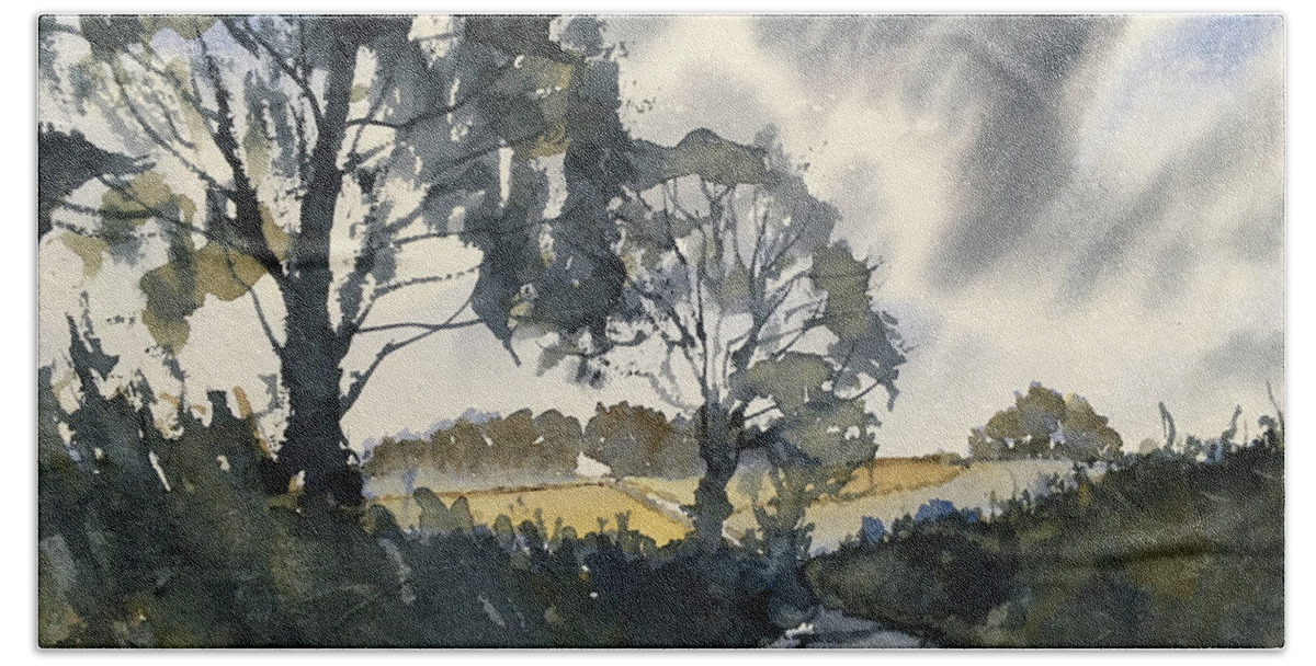 Watercolour Bath Towel featuring the painting After rain on the road to Duggleby by Glenn Marshall