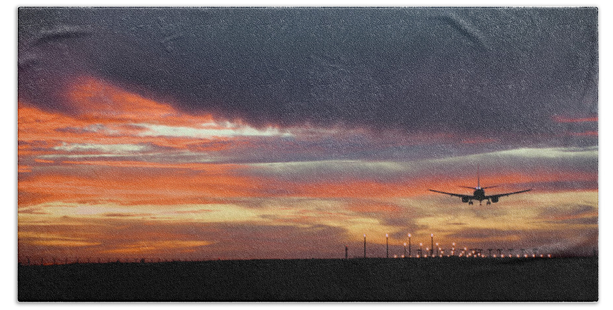 Airplane Landing Hand Towel featuring the photograph Airplane Landing at Dusk by Angelo DeVal