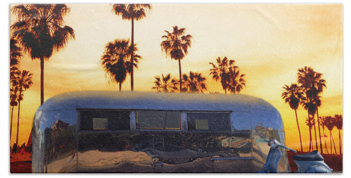 Sunset Hand Towel featuring the photograph Airstream trailer and Vespa Scooter at Sunset by Larry Butterworth
