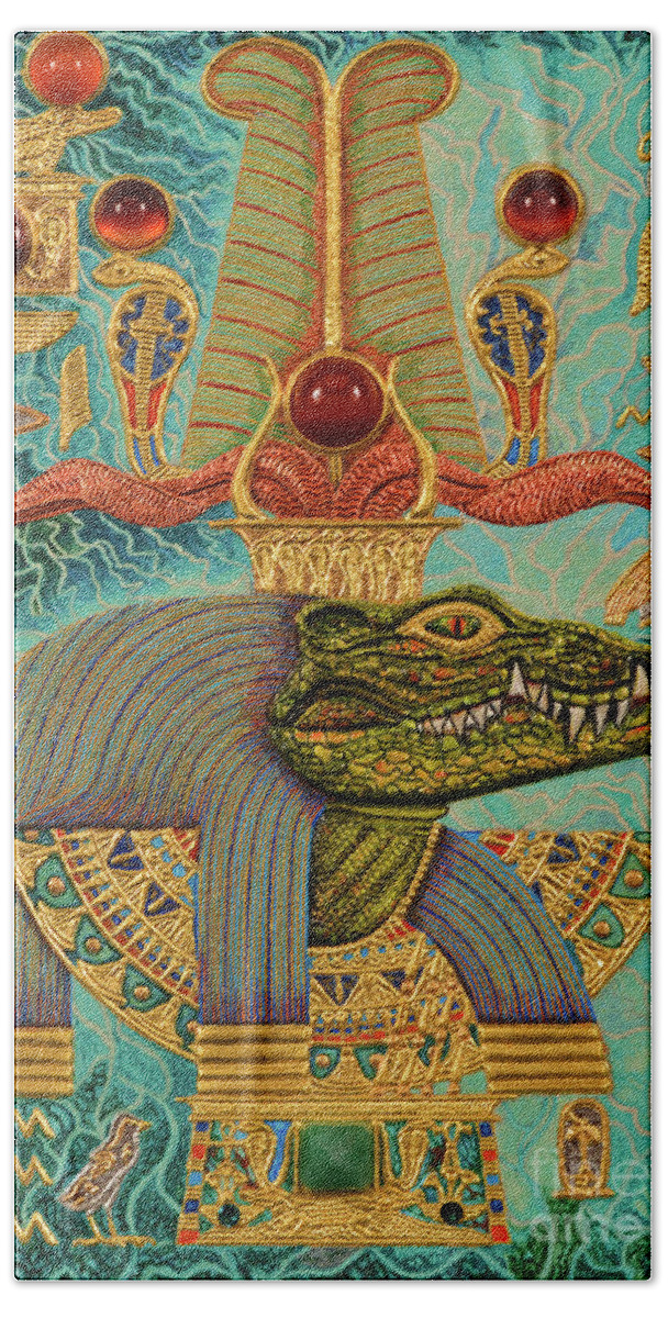 Ancient Bath Towel featuring the mixed media Akem-Shield of Sobek-Ra Lord of Terror by Ptahmassu Nofra-Uaa
