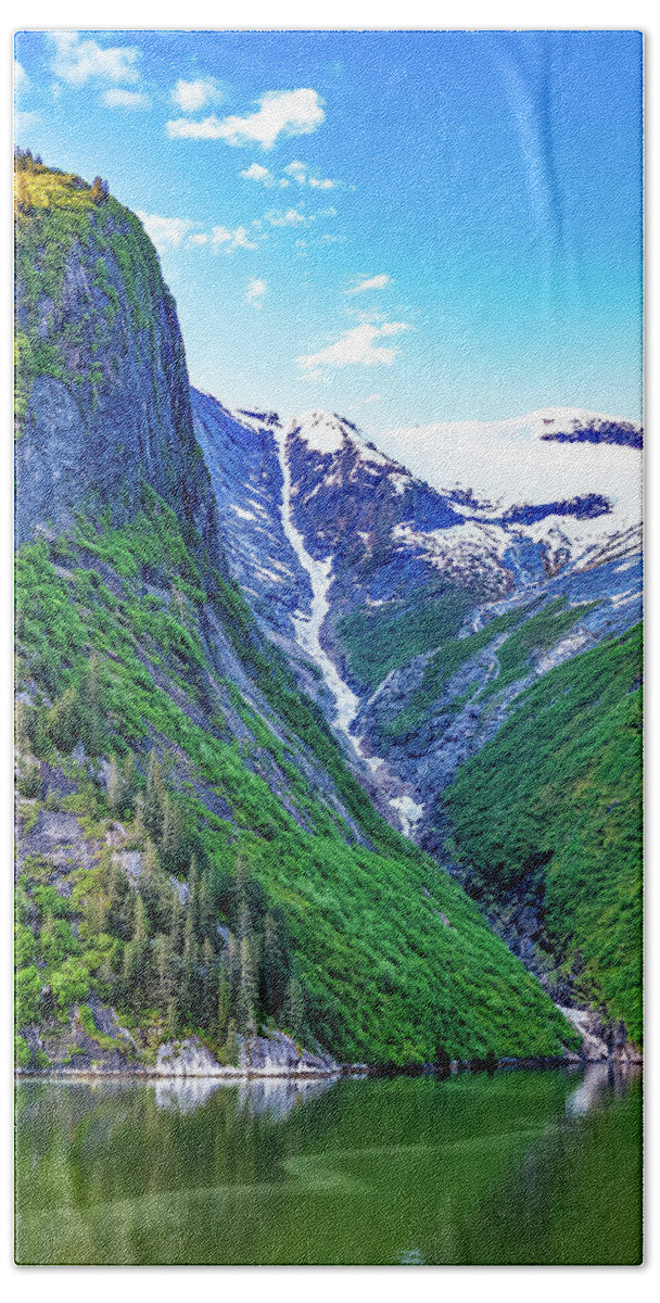 Alaska Bath Towel featuring the digital art Alaska Inside Passage frozen waterfall by SnapHappy Photos