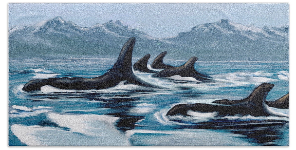 Orca Bath Towel featuring the digital art Alaska Orcas by Darren Cannell