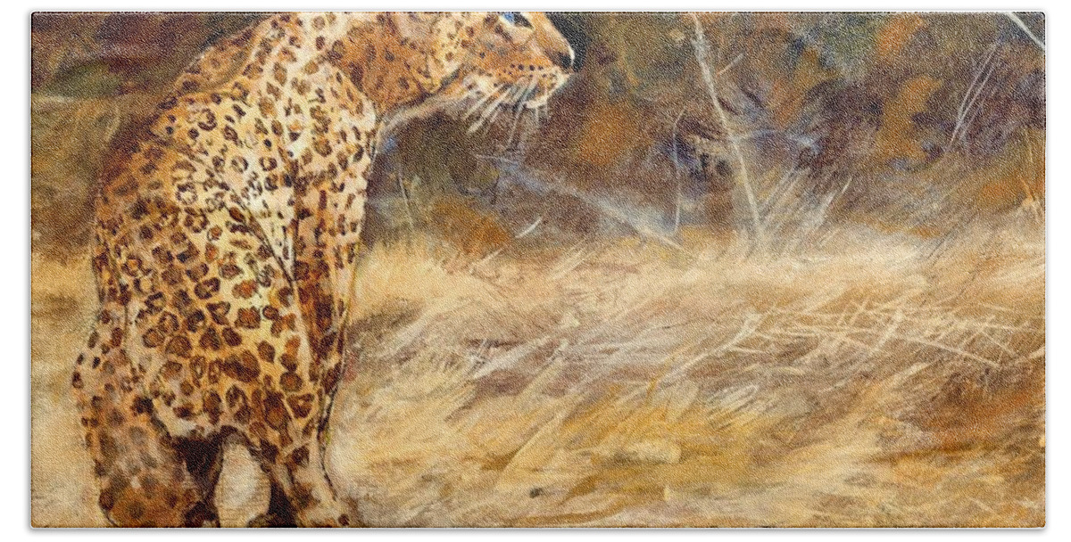 Africa Bath Towel featuring the painting Alert African Leopard by Walt Maes