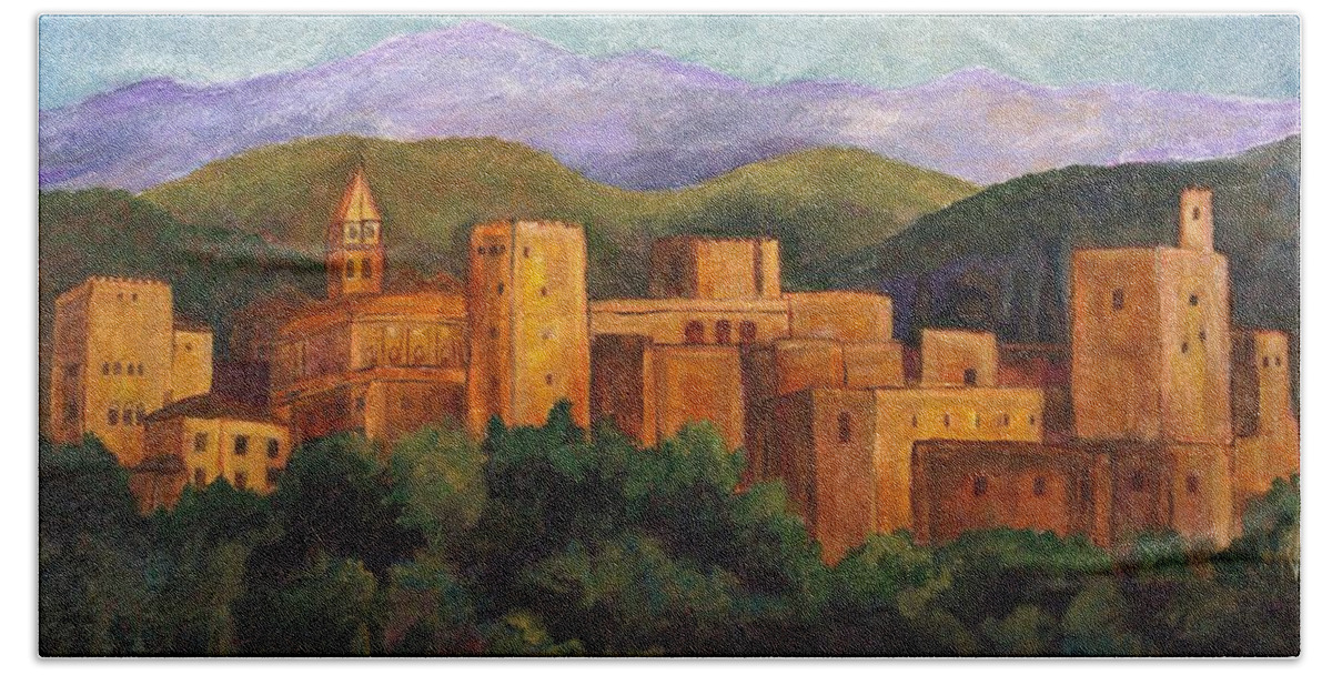 Alhambra Landscape Bath Towel featuring the painting Alhambra at Sunset by Candy Mayer