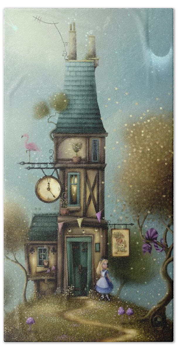 Alice In Wonderland Bath Towel featuring the painting Alice in wonderland. A Curious House. by Joe Gilronan