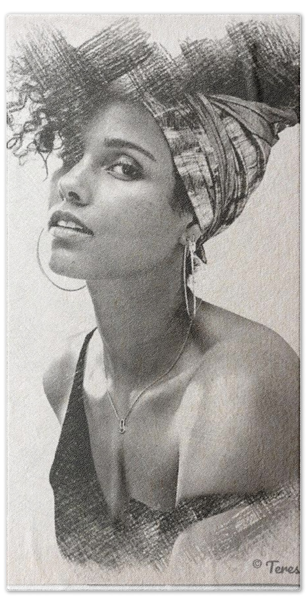 Alicia Keys Bath Towel featuring the drawing Alicia Keys Sketch by Teresa Trotter