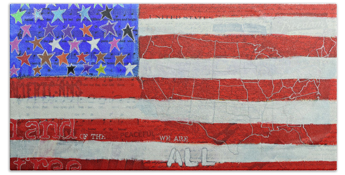 Flag Hand Towel featuring the mixed media All Americans by Lisa Crisman