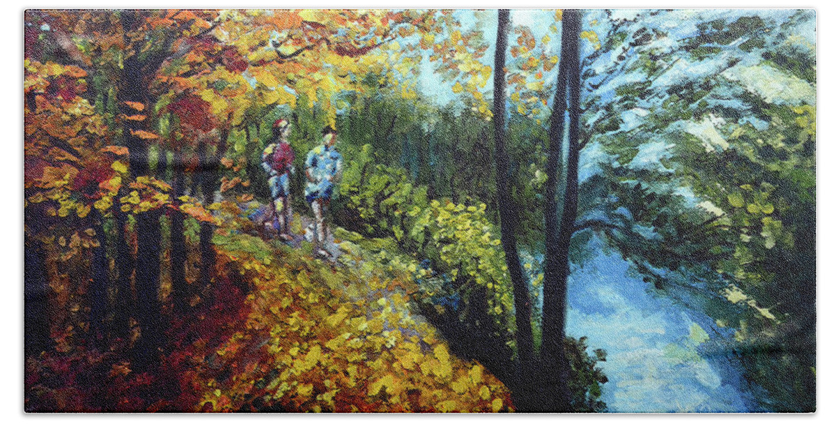 Lake Hand Towel featuring the painting Alley by the Lake 1 by Harsh Malik