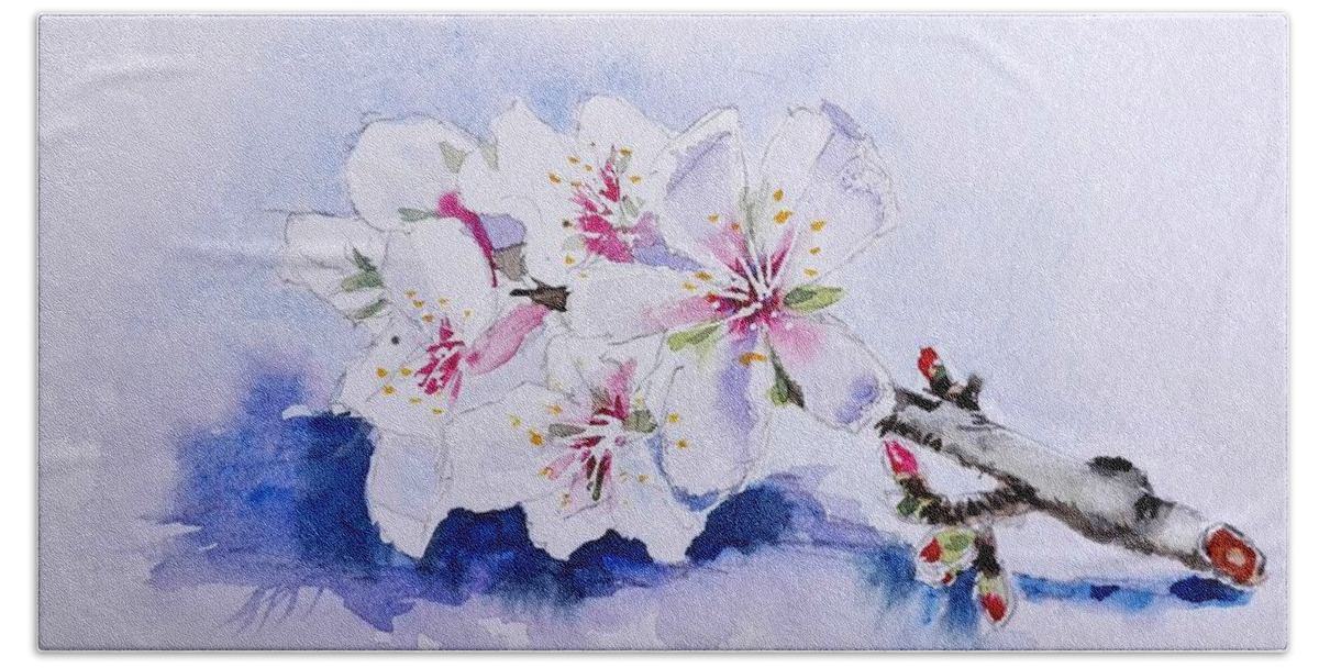 Flowers Bath Towel featuring the painting Almond Blossom by Sandie Croft