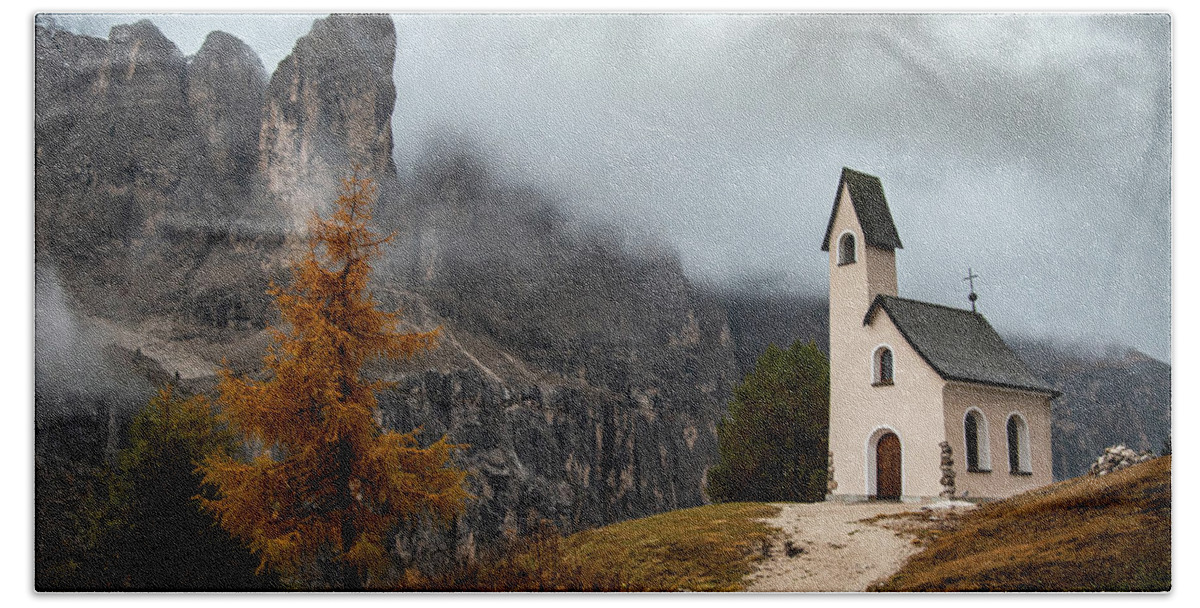 Alpine Bath Towel featuring the photograph Alpine church early in the morning in mist by Michalakis Ppalis