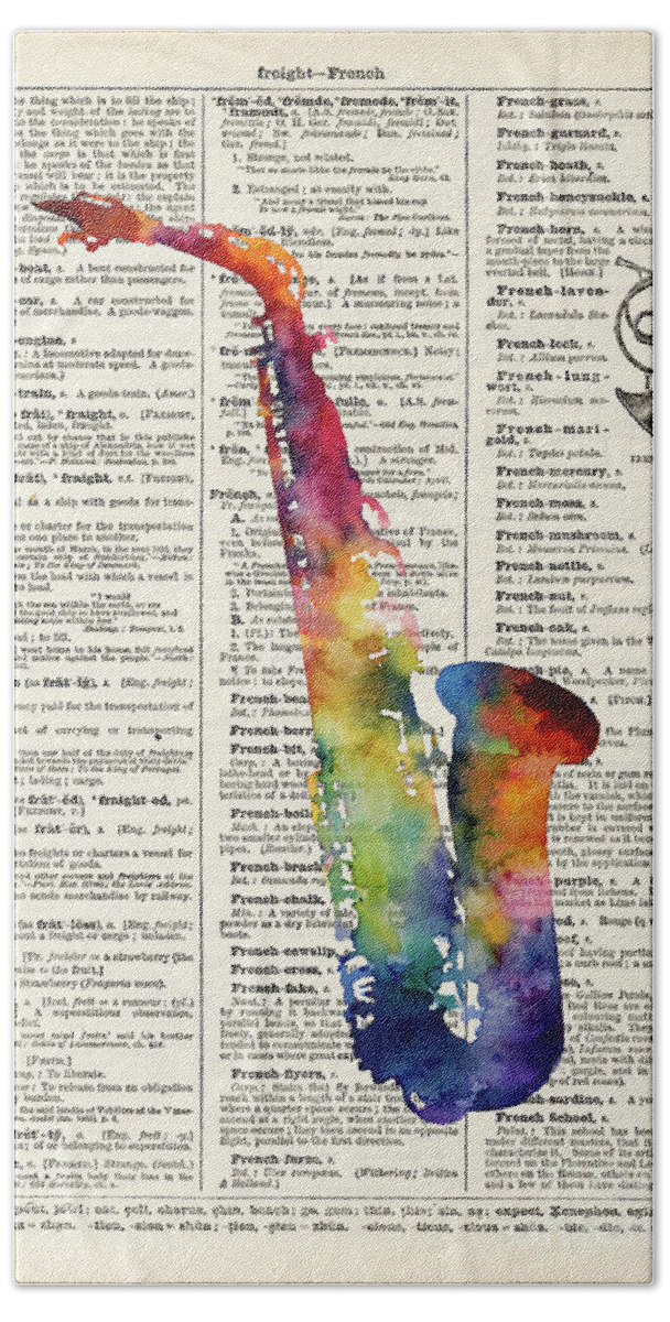 Alto Sax Hand Towel featuring the painting Alto Sax on Vintage Dictionary by Hailey E Herrera