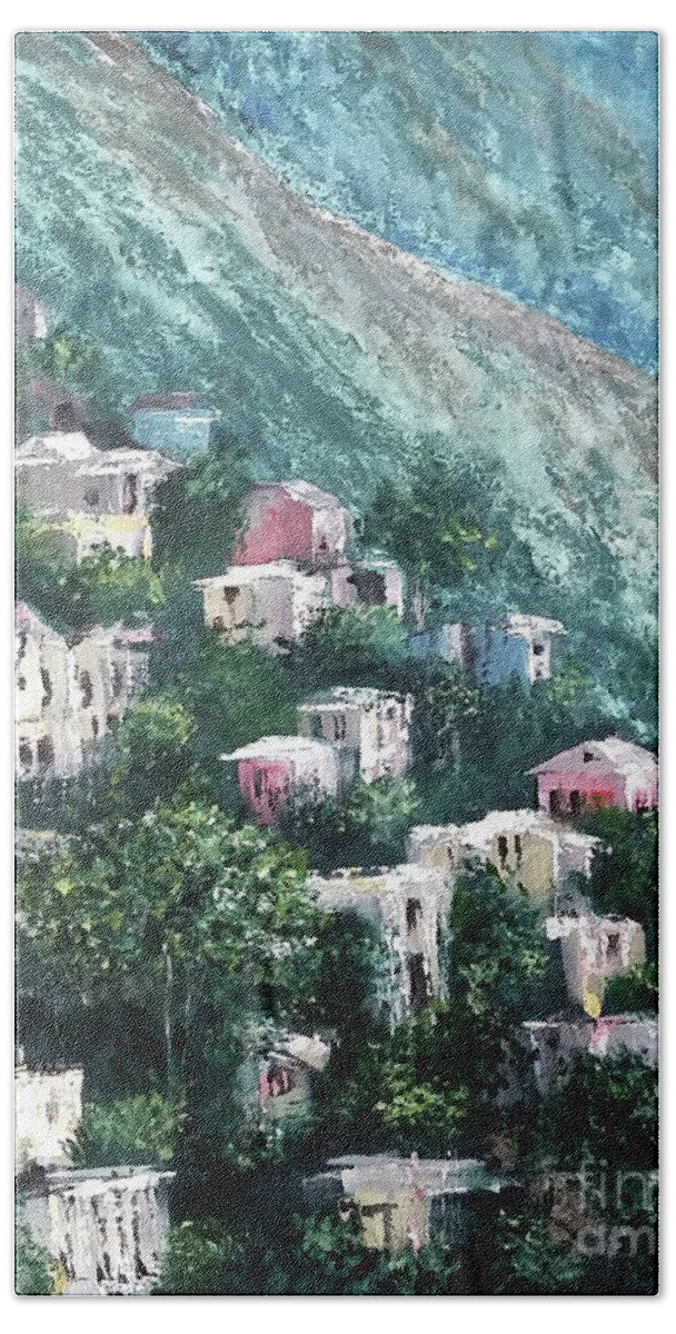 Amalfi Coast Bath Towel featuring the painting Amalfi Coast Dwellings by Zan Savage