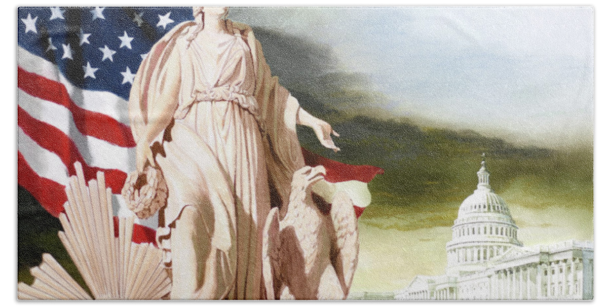Tom Lydon Bath Towel featuring the painting America - Progress of Civilization - America With Eagle At Her Side And Sun At Her Back by Tom Lydon