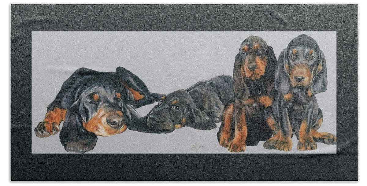 Hound Group Bath Towel featuring the mixed media Black and Tan Coonhound Puppies by Barbara Keith