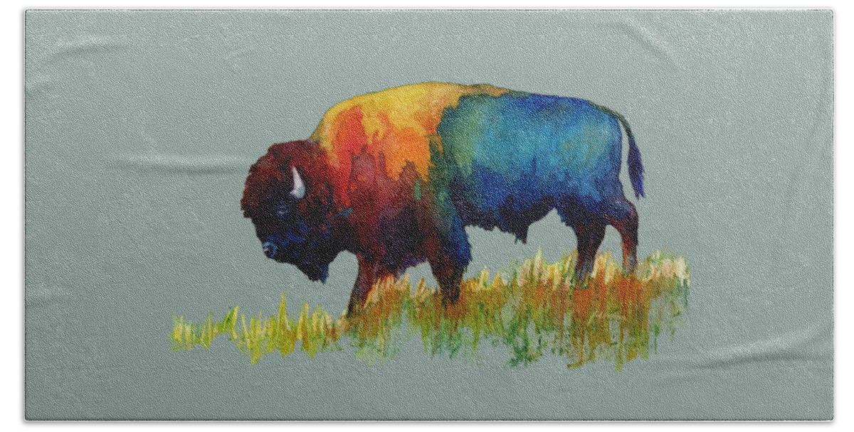 Bison Hand Towel featuring the painting American Buffalo III-solid background by Hailey E Herrera