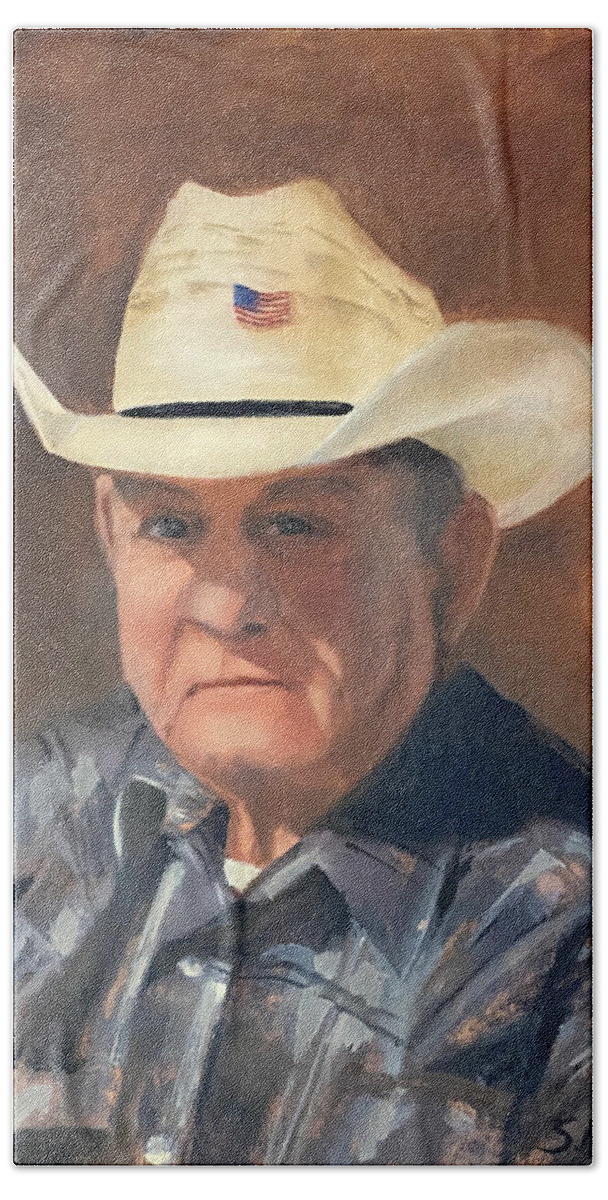 Sharon Mick Bath Towel featuring the painting American Cowboy - William Fredrick Noey by Sharon Mick