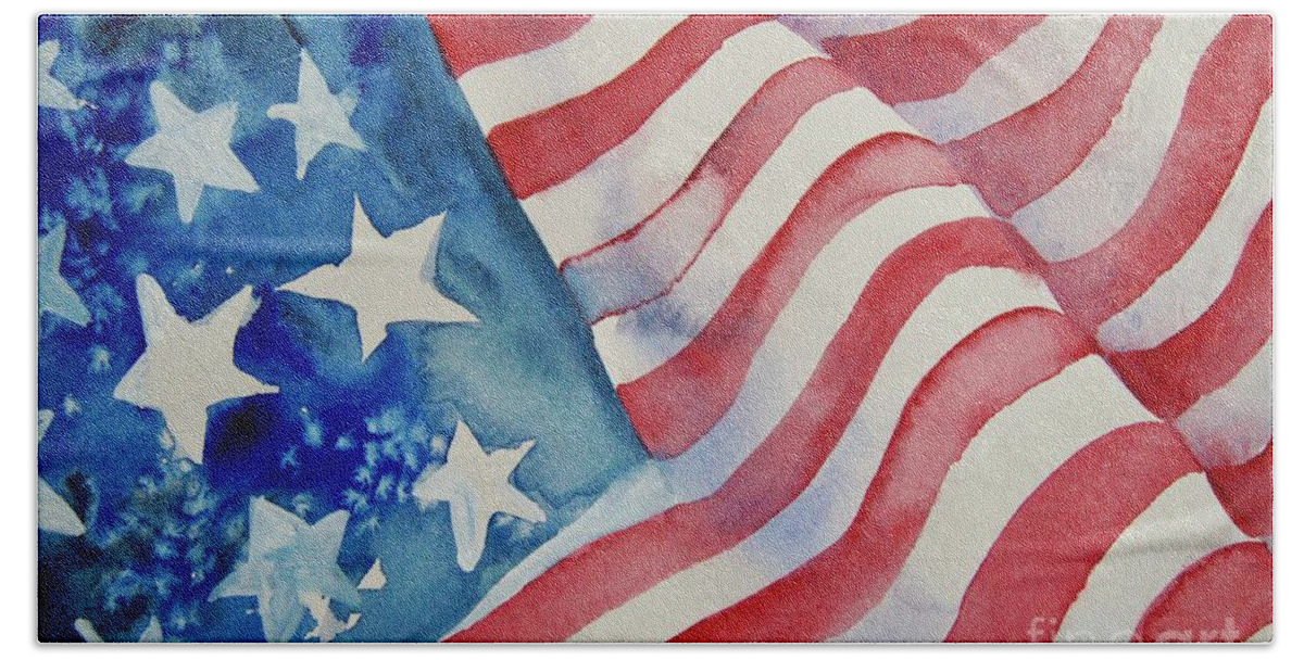American Flag Hand Towel featuring the painting American Flag Blowing Freely by Liana Yarckin