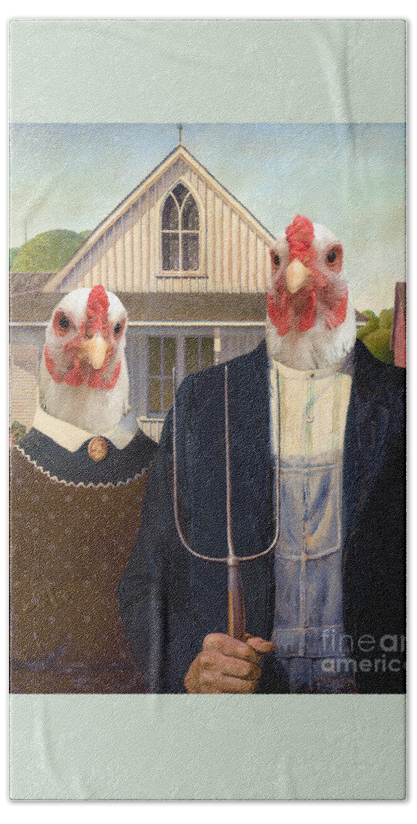 American Gothic Bath Towel featuring the painting American Gothic chickens by Delphimages Photo Creations