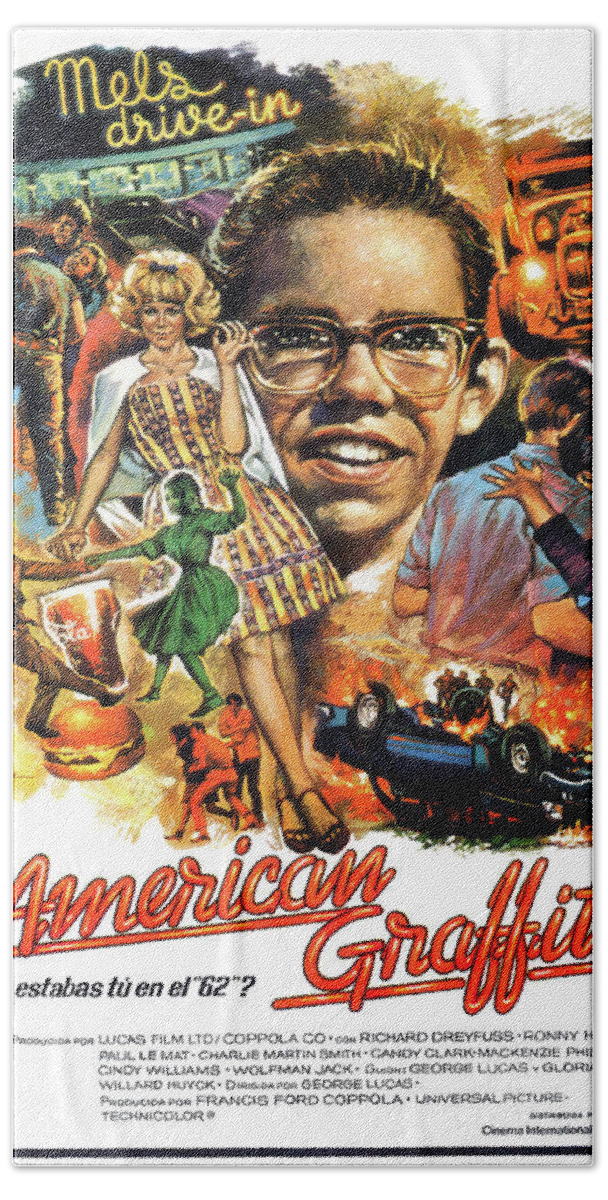 Quibus Bath Towel featuring the mixed media ''American Graffiti'', 1973 - art by Macario Quibus by Movie World Posters