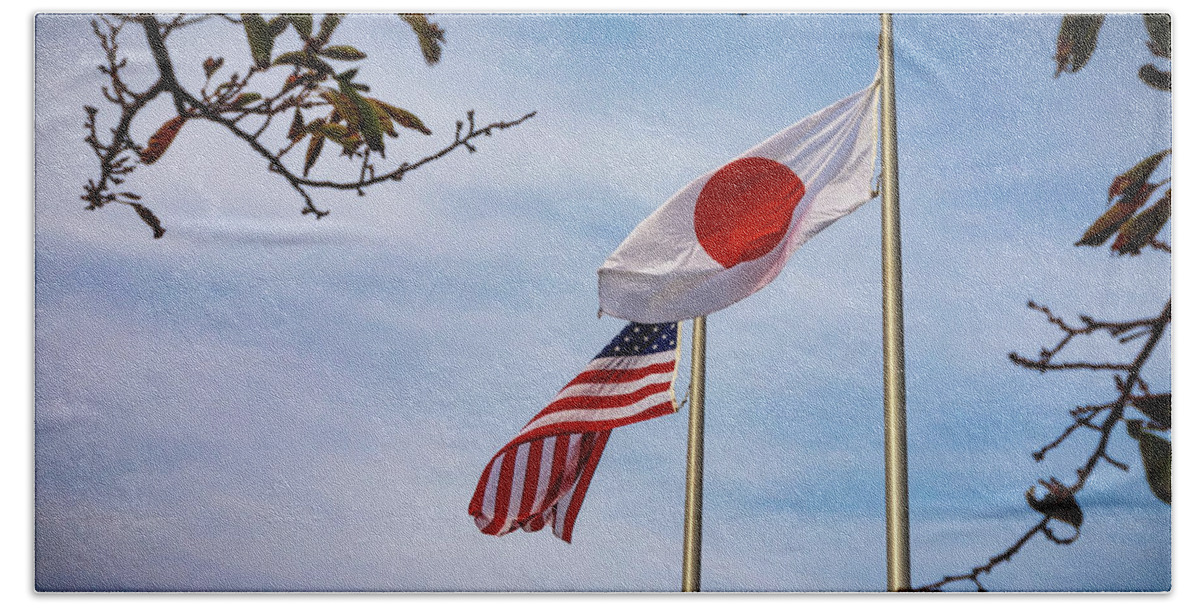 Hinomaru Bath Towel featuring the photograph American Japanese Flags 2 by Bill Chizek