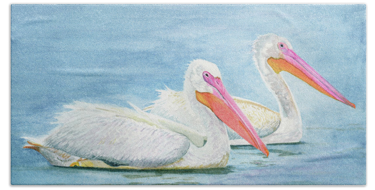 American White Pelicans Bath Towel featuring the painting American White Pelicans by Deborah League