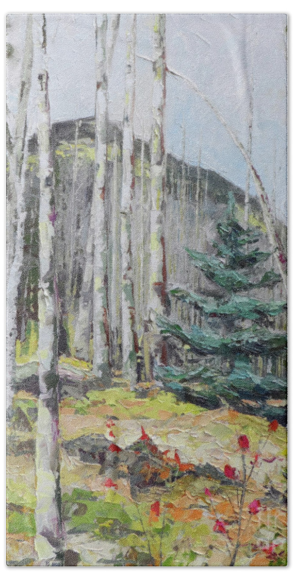 Aspen Bath Towel featuring the painting Among the Aspen, 2018 by PJ Kirk