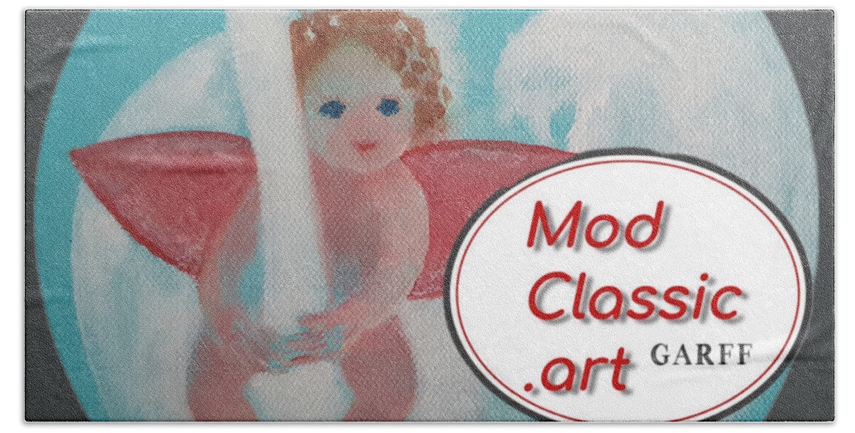 Cupid Hand Towel featuring the painting Amorino with Swan ModClassic Art Style by Enrico Garff