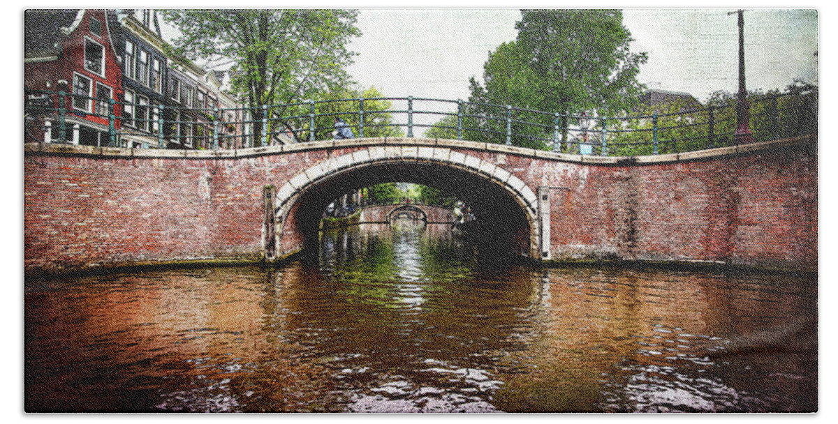 Amsterdam Bath Towel featuring the photograph Amsterdam-Bridges Over the Canal textured by Judy Wolinsky