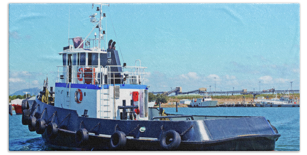 Tug Hand Towel featuring the photograph An 18 meter Commercial Tug Boat under way in Gladstone Marina Ha by Geoff Childs