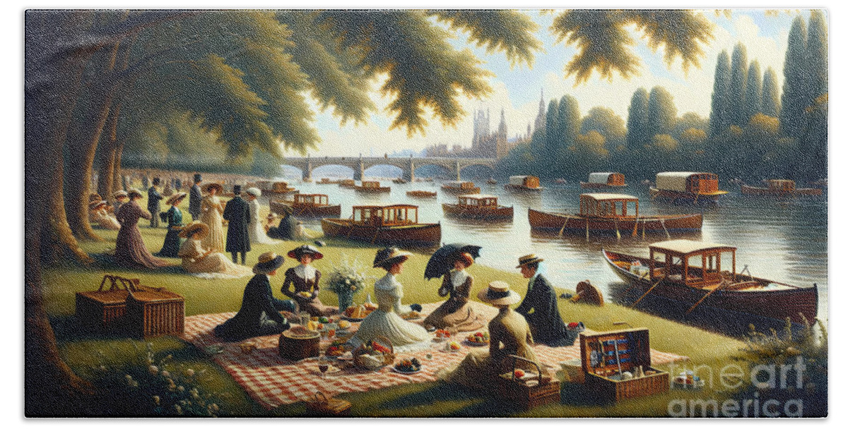 Edwardian-era Hand Towel featuring the painting An Edwardian-era picnic by the banks of the Thames, with rowboats and parasols by Jeff Creation