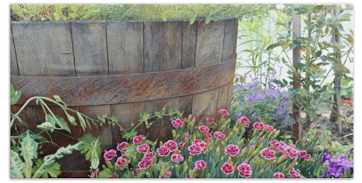 Barrel Bath Towel featuring the painting An old, rusty wooden barrel full of flowers by Patricia Piotrak