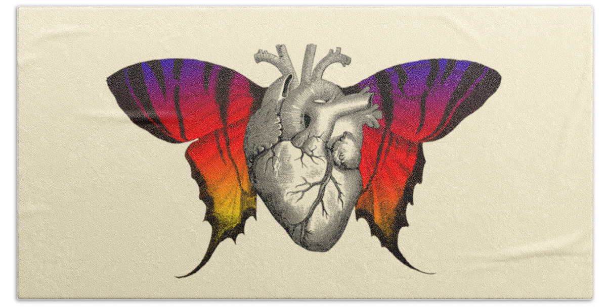 Heart Hand Towel featuring the mixed media Anatomical Heart With Butterfly Wings by Madame Memento