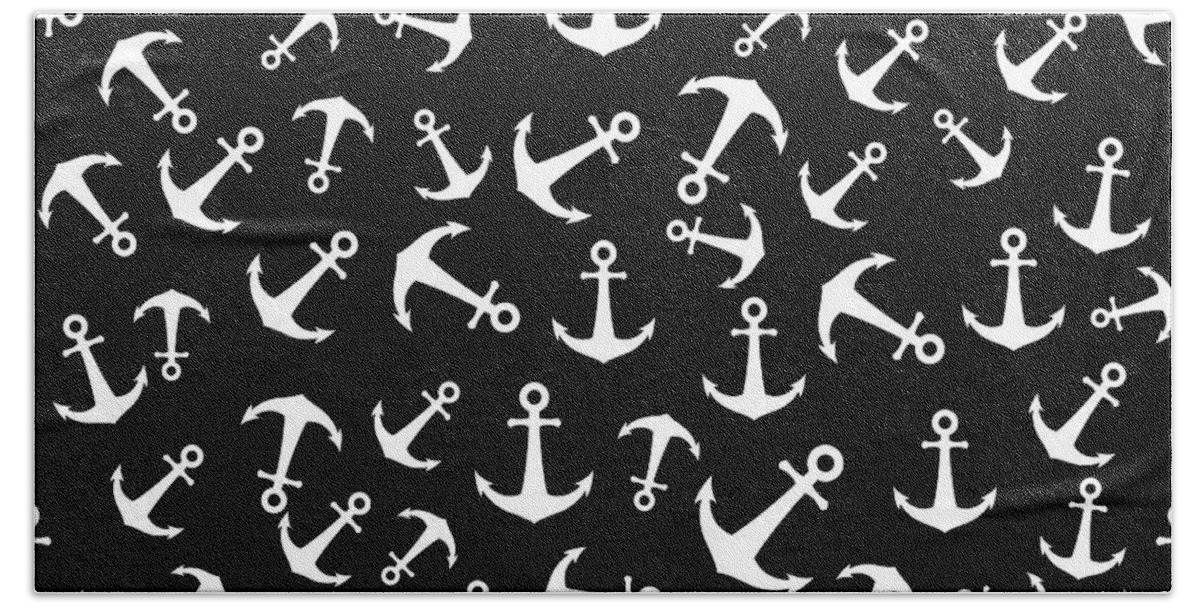 Anchor Hand Towel featuring the mixed media Anchor Pattern - Black and White 2 by Studio Grafiikka