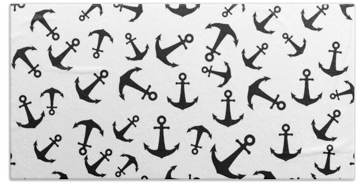 Anchor Hand Towel featuring the mixed media Anchor Pattern - Black and White by Studio Grafiikka