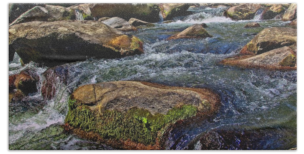 Water Bath Towel featuring the photograph And the River Flows On by Allen Nice-Webb