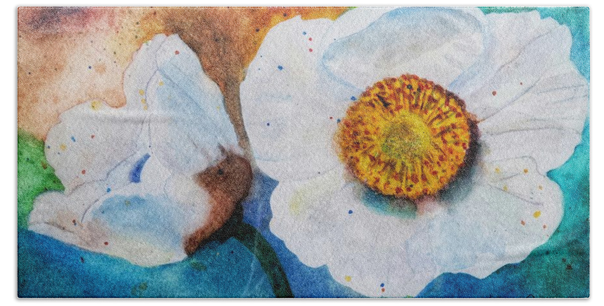 Watercolor Bath Towel featuring the painting Anemones by Shady Lane Studios-Karen Howard