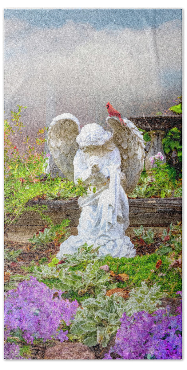 Barns Bath Towel featuring the photograph Angel in the Garden in the Clouds by Debra and Dave Vanderlaan