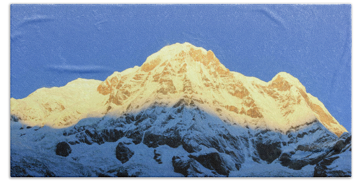 Nepal Hand Towel featuring the photograph Annapurna mountain snow sunrise Restaurant Decoration by Josu Ozkaritz