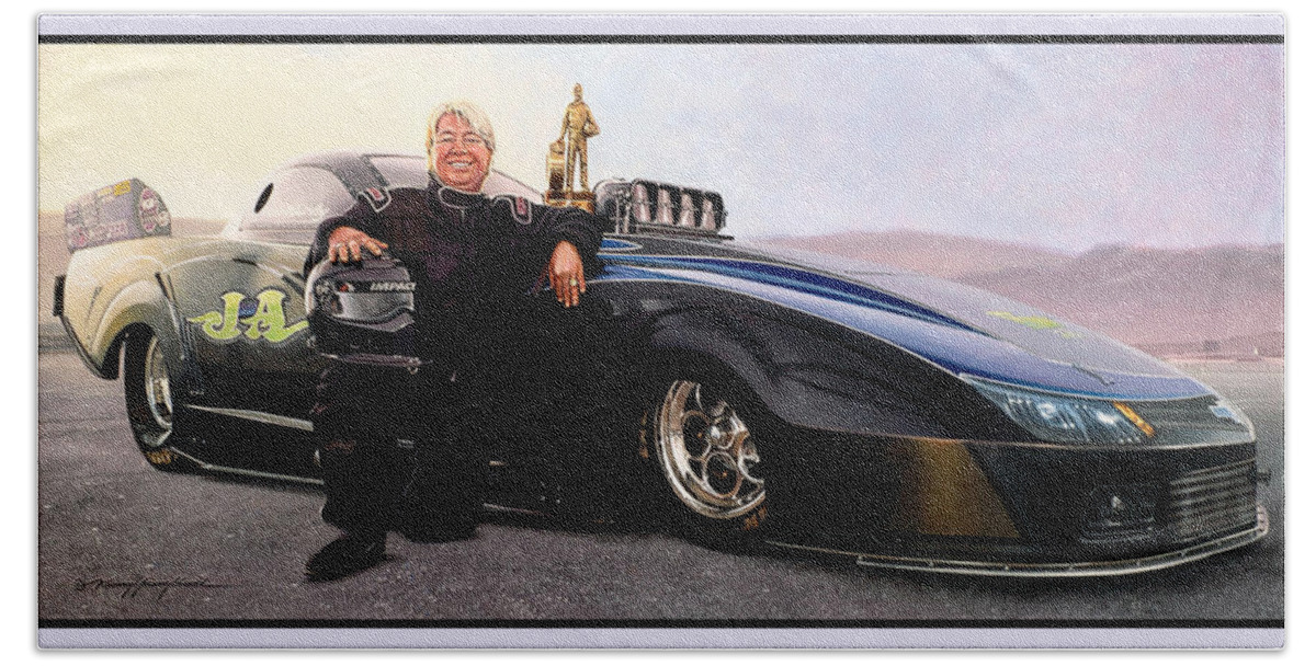 Drag Racing Nhra Top Fuel Funny Car John Force Kenny Youngblood Nitro Champion March Meet Images Image Race Track Fuel Annie Whitely Hand Towel featuring the painting Annies Jackpot by Kenny Youngblood